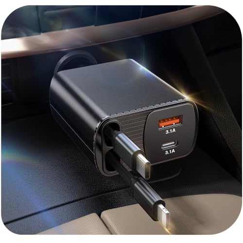 Retractable Car Charger, 85W Phone Charger for Car 4-in-1 Fast Charge - color: Black