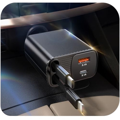 Retractable Car Charger, 85W Phone Charger for Car 4-in-1 Fast Charge - color: Black