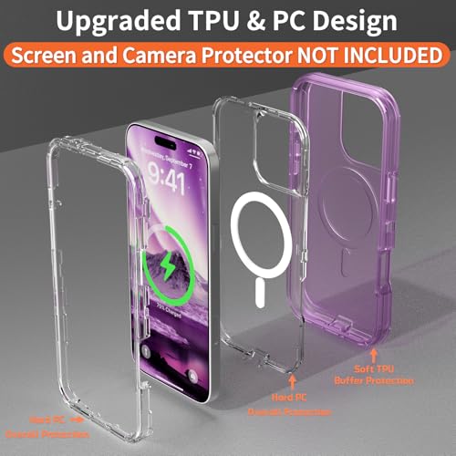 Follaroma Magnetic for iPhone 16 Pro Case, Heavy Duty Phone Cases, Purple | Compatible with MagSafe, Heavy Duty Shock proof Protection, Military-Grade Anti-Drop, Dual Layer Transparent Protective Cover - color: Purple, size: iPhone 16 Pro 6.3''