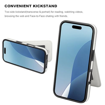 KIHUWEY for iPhone 16 Pro Wallet Case Card Holder Kickstand, White | Credit Card Slots, PU Leather, Magnetic Clasp, Flip Heavy Duty Protection Cover for Men and Women - color: White
