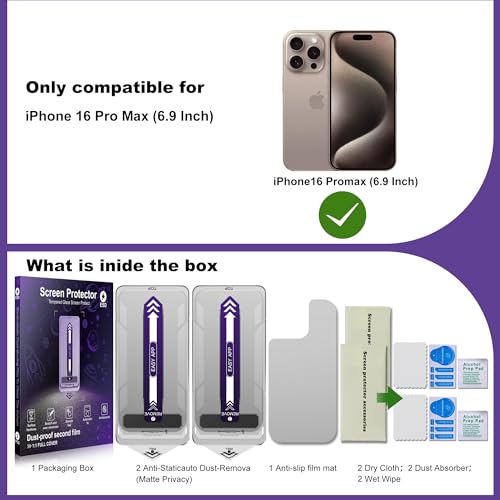 2-Pack Matte Privacy Screen Protector for iPhone 16 Pro Max,Anti-Glare & 25°Anti-Spy,Anti-Reflection,Anti-Fingerprint,Auto Dust Removal,Easy Installation - size: iPhone 16 Pro Max