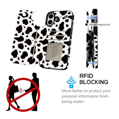 Compatible with iPhone 16 Plus Wallet Case with Card Holder, Black Cow Print Flip Folio PU Leather Kickstand Card Slots Case for Women Girls - color: Black Cow Print, size: iPhone 16 Plus 6.7 inch
