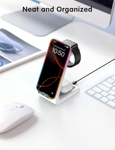 Charging Station for iPhone and Apple Watch: 3 in 1 Wireless Phone Charger Stand for iPhone 17 16 15 14 13 12 11 Pro Max & AirPods, Bedside Nightstand Docking - color: White