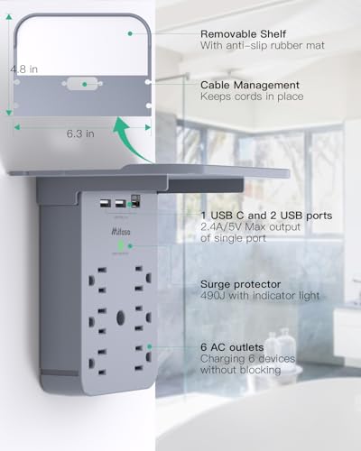 Wall Outlet Extender with Shelf, Surge Protector 6 AC Multi Plug Outlet - color: Grey, size: 3 USB