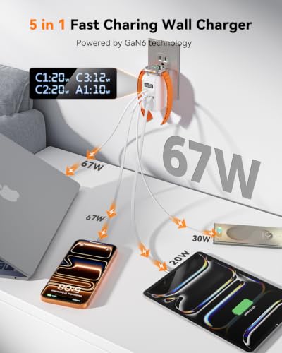 SUPERONE 67W Retractable Wall Charger with USB-C and Apple Cables 5-in-1 - color: White