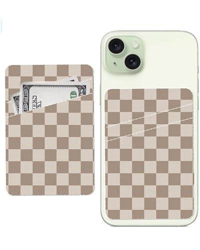 Cute Leather Phone Wallet Stick On, Dual Pocket Credit Card Sticky Wallet, Compatible with Most Cell Phones, Checkered Design - color: Cute Checkerboard