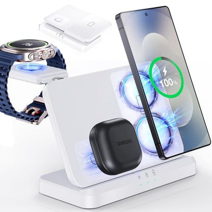 3 in 1 Wireless Charger Station for Galaxy S26 Ultra S25 S24, Foldable - color: Samsung White