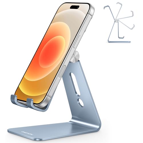 OMOTON Adjustable Cell Phone Stand, Aluminum Desktop Cellphone Stand with Anti-Slip Base and Convenient Charging Port, Fits All Smart Phones, Light Blue - color: Light Blue