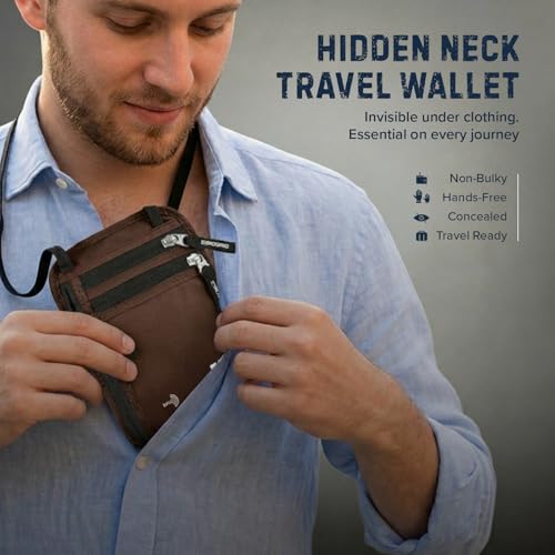 Zero Grid RFID Travel Neck Wallet, Large Passport Holder, Brown - color: Brown, size: Solo/Couple