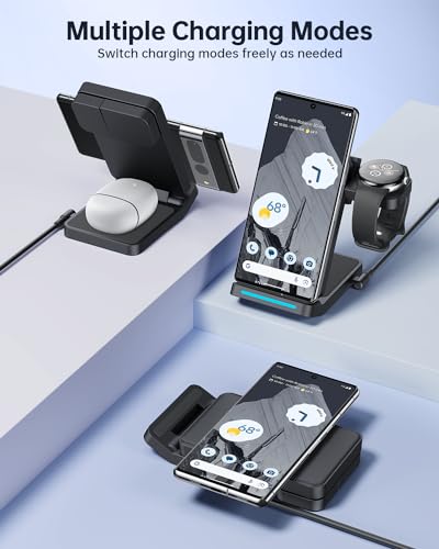 Foldable Wireless Charger for Google Pixel Watch 3/2, 3 in 1 Fast Charging Station Stand for Pixel 10 Pro XL/10 Pro/9/8/7 Pro/8a/8/7/6 Pro and Buds (Not for Pixel Watch 4/1) with QC Adapter