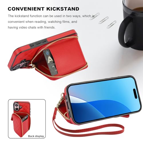 Bocasal Crossbody Wallet Case Card Holder for iPhone 16, Red | RFID Blocking PU Leather Zipper Handbag Purse, Kickstand Flip Folio Case with Card Slots Holder Wrist Strap Lanyard 6.1 Inch - color: Red