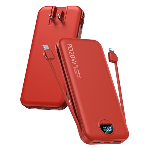 citicr Portable Charger 10000mAh PD20W w/Built-in Cables & Wall Plug Red - color: Red