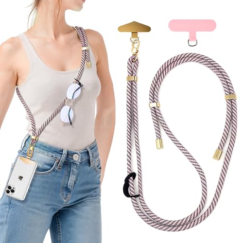 BestStone Crossbody Phone Lanyard Strap with 2 Tether Tabs (Nylon Pad + Metal Plate), Adjustable Cell Phone Lanyard - color: Grey + Pink