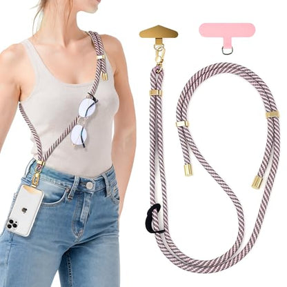 BestStone Crossbody Phone Lanyard Strap with 2 Tether Tabs (Nylon Pad + Metal Plate), Adjustable Cell Phone Lanyard - color: Grey + Pink