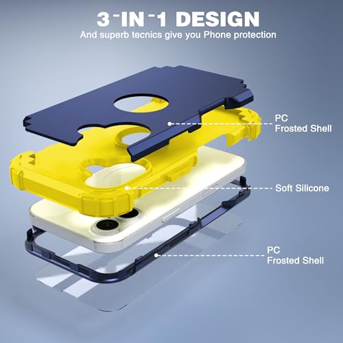 IDweel for iPhone 17 Case with Screen Protector for Women, 3 in 1 Shockproof Slim Fit Hybrid Heavy Duty Hard PC Cover Soft Silicone Bumper Full Body Anti-Fingerprint Case, Navy Blue/Yellow - color: Navy Blue/Yellow