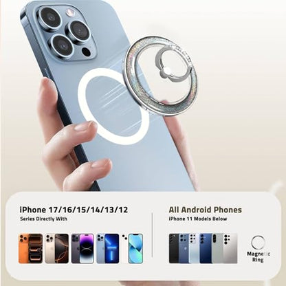 Silver Magnetic Phone Ring,Transparent Strong Magnet Phone Grip Holder,360°Adjustable & Removable Clear Glitter Laser Design Diamond Ring for Phones & Tablets - color: Clear Silver Glitter Diamond Laser