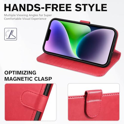 TUCCH Wallet Case for iPhone 14 (6.1") 2022, 4 Card Holders, Red | RFID Blocking, Viewing Stand, Shockproof TPU Shell, PU Leather, Magnetic Closure, Protective Folio Flip Cover - color: Red
