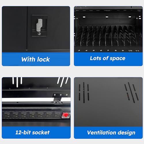 12 Device Charging Station for Laptops & Tablets, Portable Lockable Charging Cabinet Lock Box with Cable Management,Fits 17in Laptop Computers Chromebooks, for Classroom, Library, and Office(Black)