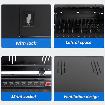 12 Device Charging Station for Laptops & Tablets, Portable Lockable Charging Cabinet Lock Box with Cable Management,Fits 17in Laptop Computers Chromebooks, for Classroom, Library, and Office(Black)