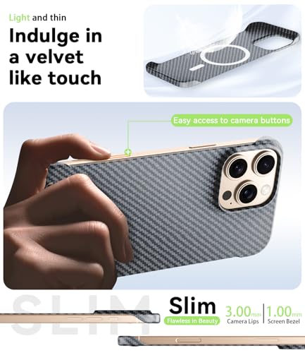 GRECAZO Magnetic Ultra-Thin Frosted Soft Touch Skin Borderless Carbon Fiber Bump Texture for iPhone 16 Pro Frameless Case 6.3" Slim Minimalist Lightweight Matte Hard for MagSafe Cover Case-Black - size: iPhone 16 Pro
