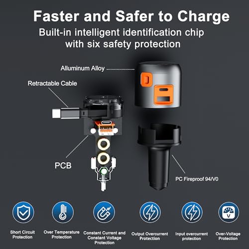 60W Retractable Car Charger, 3-Port USB-C Fast Charging Adapter - color: Black
