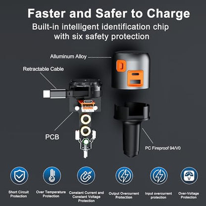 60W Retractable Car Charger, 3-Port USB-C Fast Charging Adapter - color: Black