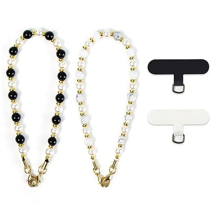 Phone Charm with Beaded Marble, Phone Chain Wrist Strap for Women Compatible with iPhone 14/13/12/11(Black&White) - color: Pearl_black&white