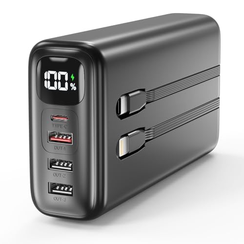 51000mAh Portable Charger with Built-in USB-C & Lightning Cables, 22.5W Fast Charging Power Bank, High Capacity Battery Pack for iPhone, Samsung, Android, Travel, Camping