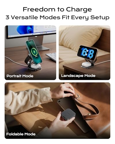 KU XIU Qi2.2 25W Magnetic Wireless Charger, Foldable 3 in 1 Travel Charging Station for iPhone 17/16/15/14/13/12, 5W for Apple Watch & AirPods, Aluminum Alloy Design, 45W GaN Adapter Included, Gray - color: Gray
