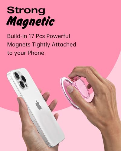 Svanove Magnetic Phone Grip Compatible with Magsafe, Mag Safe Translucent Clear Grip Collapsible Kickstand for iPhone Samsung Pixel, Cute Transparent Silicone Removable Phone Stand Holder, Clear Pink - color: Clear Pink, style: Magnetic