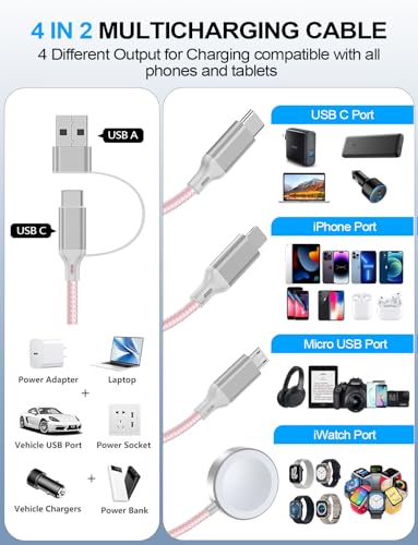 4-in-2 Multi Charging Cable for Apple Watch Charger/iPhone/Galaxy Charger - color: 2-Pink+Pink, size: 1.8M