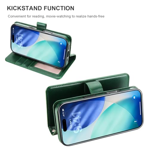 Bocasal Detachable Wallet Case Card Holder for iPhone 17 Pro, Green | RFID Blocking Kickstand Card Slots Holder PU Leather Magnetic Shockproof Wrist Strap Removable Flip Protective Cover 6.3 inch - color: Green