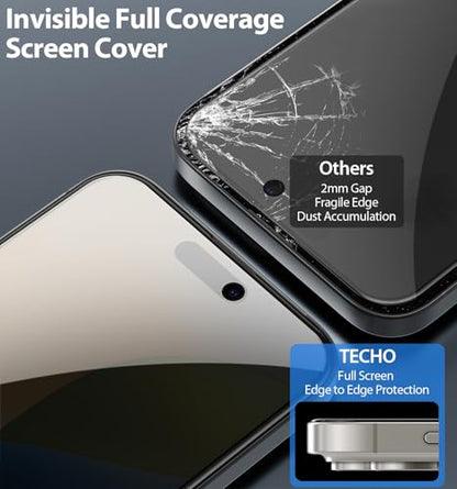 TECHO Privacy Screen Protector for iPhone 16 Pro Tempered Glass Film, Full Coverage Edge to Edge, Anti Spy Private, 9H Hardness, 2 Pack, 6.3 Inch (iPhone 16 Pro (6.3 inch)) - size: iPhone 16 Pro (6.3 inch)