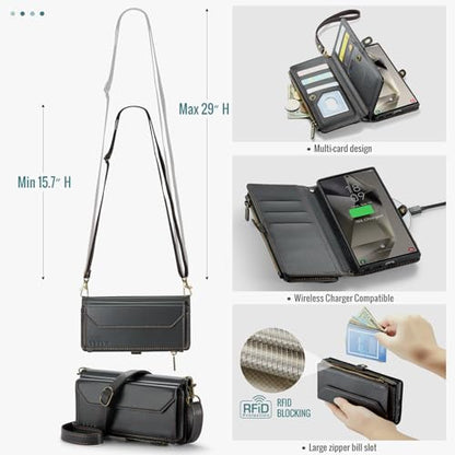 for Samsung Galaxy S24 Ultra Wallet Case with Card Holder, Black | RFID Blocking Slots, Crossbody Lanyard, Wrist Strap, Zipper Pocket Purse Handbag, Magnetic Closure - color: Black, size: Galxay S24 Ultra