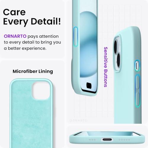 ORNARTO Compatible with iPhone 15 Case 6.1, Slim Liquid Silicone 3 Layers Full Covered Soft Gel Rubber Phone Case, Anti-Scratch Shockproof Protective Cover 6.1 Inch, Fresh Mint - color: Fresh Mint