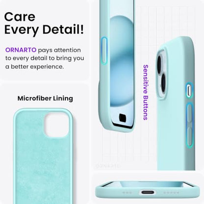 ORNARTO Compatible with iPhone 15 Case 6.1, Slim Liquid Silicone 3 Layers Full Covered Soft Gel Rubber Phone Case, Anti-Scratch Shockproof Protective Cover 6.1 Inch, Fresh Mint - color: Fresh Mint