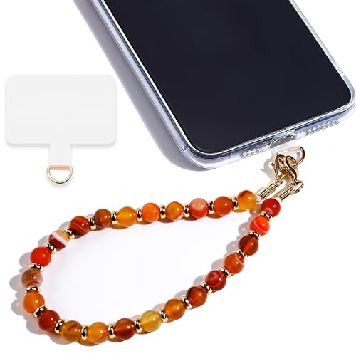 Marble Beaded Phone Wrist Strap for Women, Detachable Design - color: Orange Red