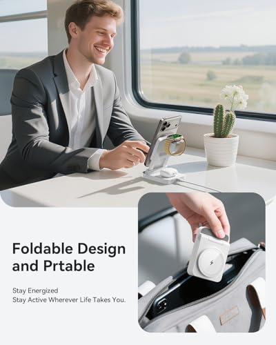 3-in-1 Foldable & Retractable Magnetic Wireless Charger, 15W Fast Charging Station, Portable Fast Charging Stand, Charging for iPhone 17/16/15/14/13/12, Apple Watch, AirPods (White) - color: White
