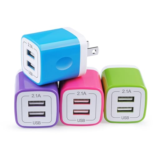 Charging Block Brick, USB Plug,NonoUV 4Pack Dual Port Fast USB Wall Charger - color: Blue, Purple, Rose, Green