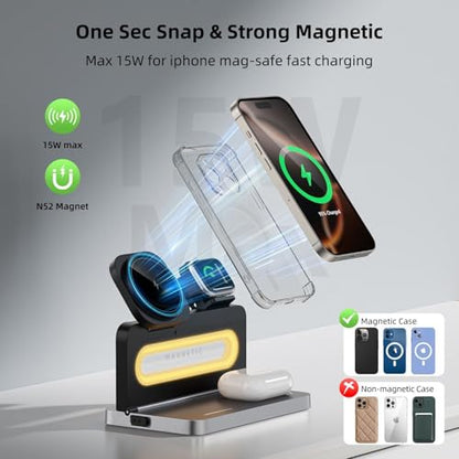 3 in 1 Wireless Charging Station for Apple MagSafe Charger,Magnetic Wireless Charger Stand for iPhone 16 15 14 13 12,Foldable Nightstand Charging Dock for Apple Devices iWatch,AirPods with Night Light - color: Black