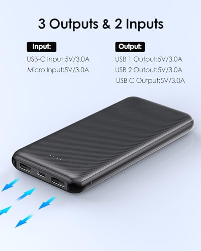 10000mAh Portable Power Bank with USB-C 15W PD Fast Charging - Black - color: Black
