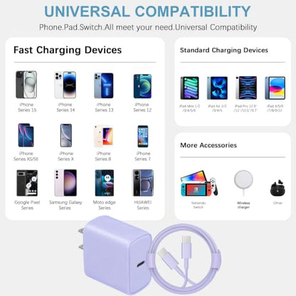 5FT iPhone 17 16 15 Charger Fast Charging USB C Charger Block - color: Purple, size: 5FT