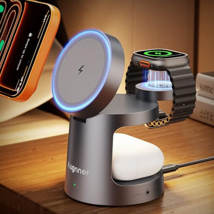 3 in 1 Charging Station for Apple Compatible with MagSafe Foldable Wireless Charger, Magnetic Charger with Night Light for iPhone 18/17/16/15/14/13/12, Apple Watch & AirPods - color: Starry grey