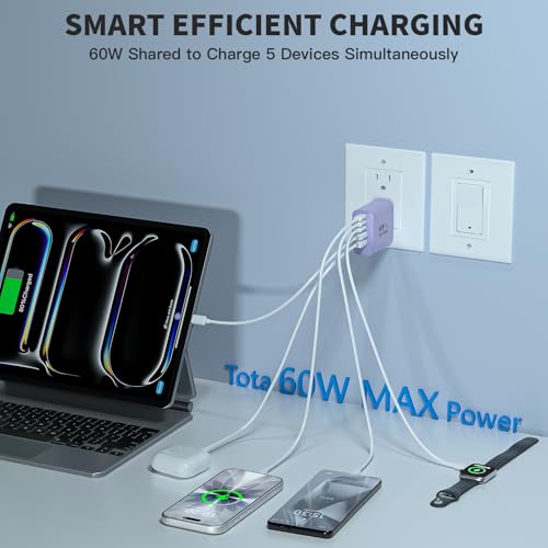 3Pack 60W USB C Fast Charging Block,Apple 60W 5Port USBC Wall Charger Block - color: Purple