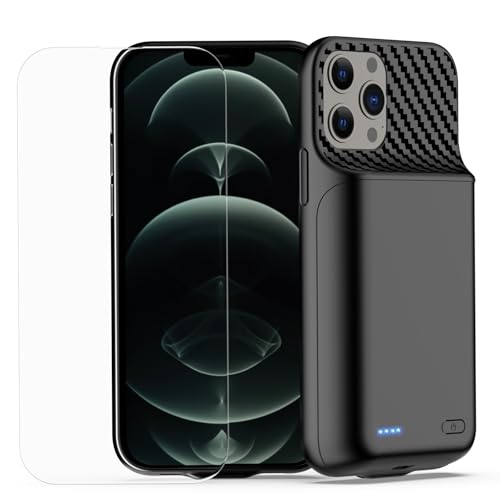 Battery Case for iPhone 12, 12 Pro (6.1 inch), 13800mAh High Capacity Battery Charging Case, Portable Rechargeable External Charger Case Battery Pack with Tempered Glass Screen Protector Black - size: for iPhone 12, 12 Pro (6.1 inch)