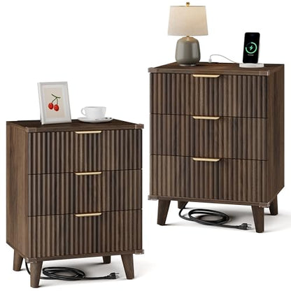 Wood Nightstands Set of 2 w/Charging Station, 3 Drawers Fluted Dresser - color: Walnut, size: 3 Drawers-Set of 2 Nightstand