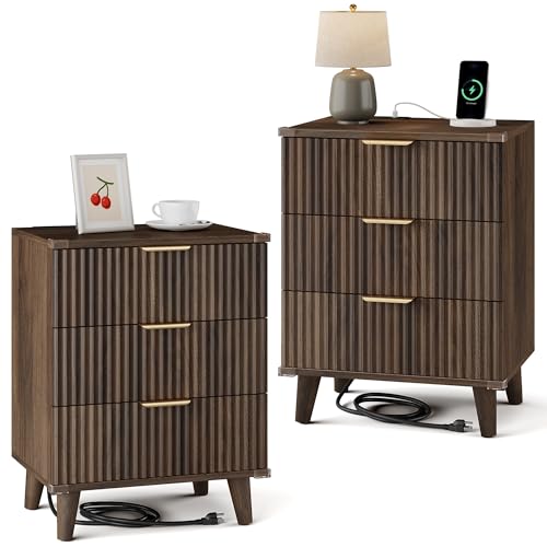 Wood Nightstands Set of 2 w/Charging Station, 3 Drawers Fluted Dresser - color: Walnut, size: 3 Drawers-Set of 2 Nightstand