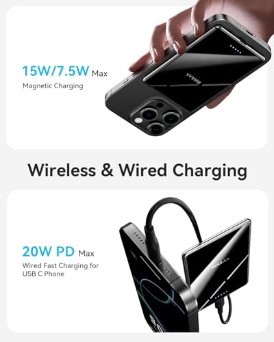 Kuulaa Magsafe Battery Pack 5000mAh, 0.27 in Ultra Slim Magsafe Portable Charger Slim Magnetic Apple Portable Charger 20W Power Delivery Power Bank for iPhone 17/16/15/14/13/12 Series,Black (Black-2) - color: Black-2