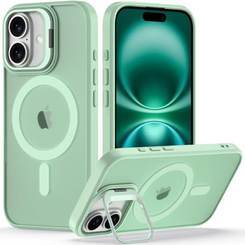 Nvollnoe for iPhone 16 Case Compatible with MagSafe Military Grade Shockproof Heavy Duty Protective Adjustable Kickstand Matte Semi Clear Phone Case for iPhone 16(Mint) - color: Mint, size: for iphone 16-6.1"(2 lens)