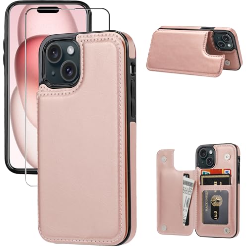 Wallet Case Compatible with iPhone 15,Slim Protective case with Card Holder,Premium PU Leather Kickstand Card Slots Case with 1 Screen Protective Glass for iPhone 15 (6.1")-Rose Gold - color: Rpse Gold